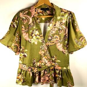 Women’s peplum floral/paisley green pink Cottagecore ruffle short sleeve blouse
